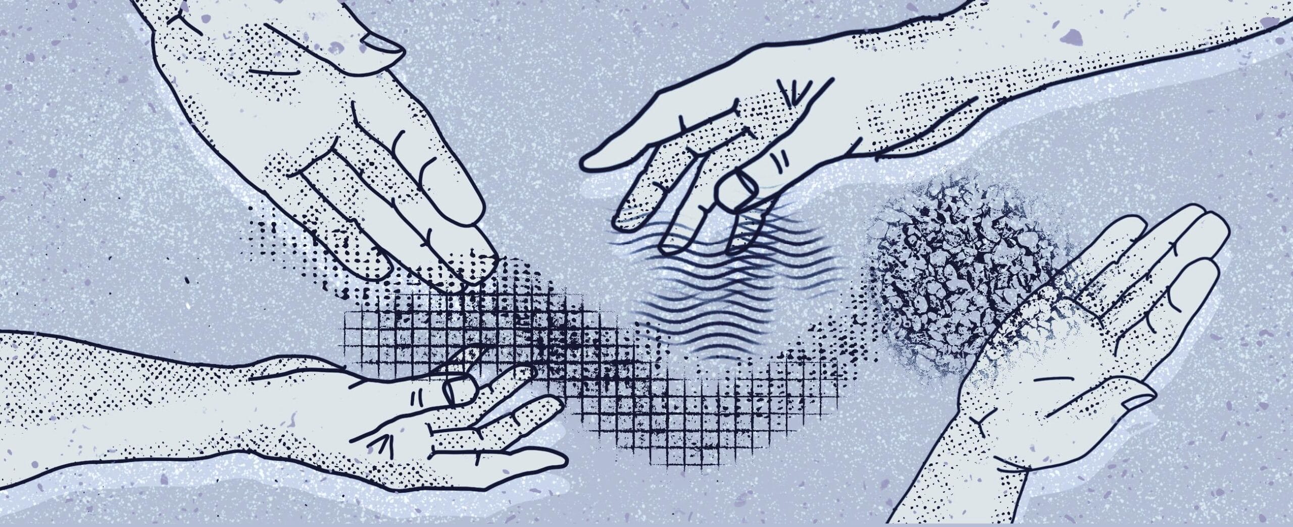 Kuvituskuva, sinisävyinen, jossa käsien välissä kulkee pikselimäinen vana.