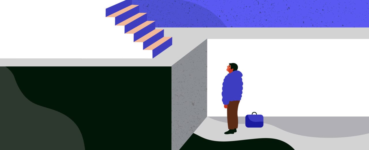 Kuvassa ihmisen edessä on korkea kynnys ylös päin vieviin portaikkoihin. Joku toinen juoksee portaita kevyesti ylempänä.