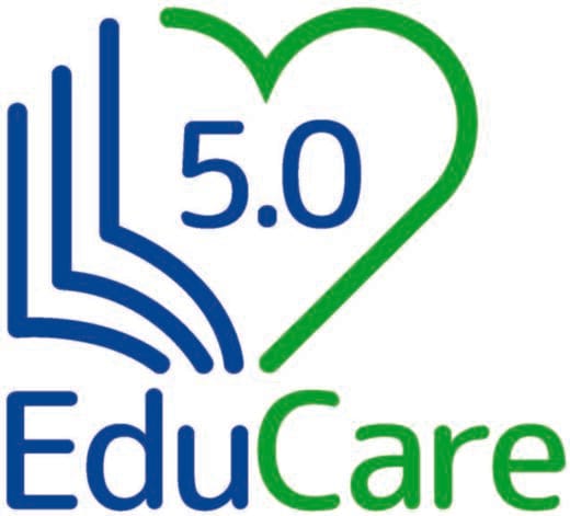 EduCare 5.0 -logo, jossa yhdistyvät sininen kirjasymboli ja vihreä sydänkuvio.