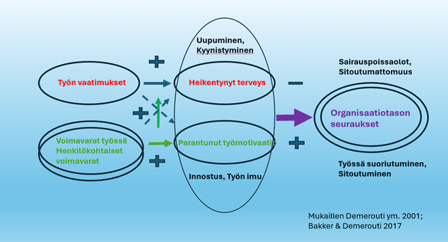 Kaavio, joka kuvaa työn vaatimusten ja voimavarojen vaikutuksia työntekijän hyvinvointiin ja organisaatiotason seurauksiin. Vasemmalla on kaksi pyöreää elementtiä: punaisella teksti “Työn vaatimukset” ja vihreällä teksti “Voimavarat työssä / Henkilökohtaiset voimavarat”. Näistä nuolia johtaa keskellä oleviin soikeisiin muotoihin, joissa yläosassa lukee “Uupuminen, Kyynistyminen” ja “Heikentynyt terveys”, ja alaosassa “Parantunut työmotivaatio” sekä “Innostus, Työn imu”. Näistä edelleen nuoli osoittaa oikealle soikeaan elementtiin, jossa lukee “Organisaatiotason seuraukset”. Sen ympärillä on tekstejä kuten “Sairauspoissaolot, Sitoutumattomuus” ja “Työssä suoriutuminen, Sitoutuminen”. Kaavion alakulmassa on mainittu lähteet Demerouti ym. 2001 ja Bakker & Demerouti 2017.
