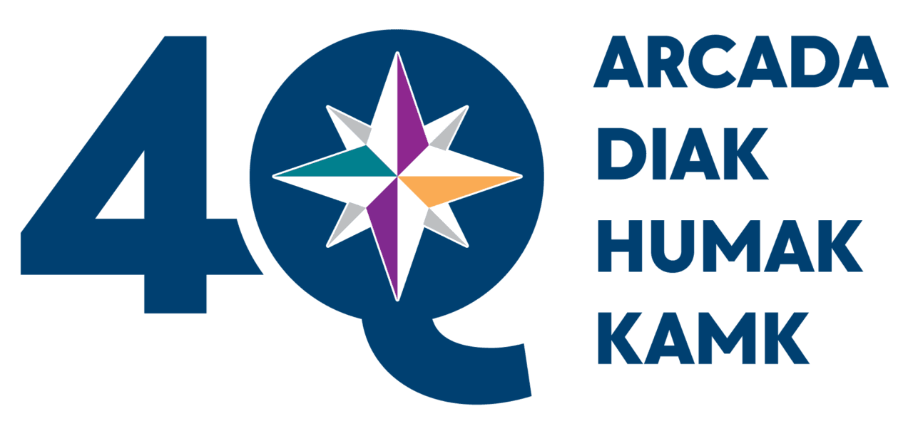 Logo, jossa on rinnakkain tummansininen numero 4 ja suuri Q-kirjain. Q-kirjaimen sisällä on kahdeksansakarainen kompassiruusu, jonka sakaroissa on käytetty valkoista, violettia, turkoosia ja oranssia väriä. Logon oikealla puolella on allekkain neljän ammattikorkeakoulun nimet suuraakkosilla: ARCADA, DIAK, HUMAK ja KAMK.