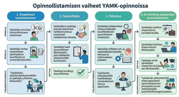 Infografiikka, jossa kuvataan opinnollistamisen vaiheet YAMK-opinnoissa nelivaiheisena prosessina: 1) osaamisen tunnistaminen, 2) suunnittelu, 3) toteutus ja 4) arviointi ja osaamisen tunnustaminen. Jokainen vaihe sisältää opiskelijan, opettajan ja työelämäyhteistyökumppanin roolit. Prosessi etenee osaamisen tunnistamisesta ja tavoitteiden asettamisesta yhteiseen suunnitteluun, työssä tapahtuvaan oppimiseen ja reflektioon sekä lopuksi osaamisen osoittamiseen, itsearviointiin ja opettajan arviointiin, jossa työelämäkumppani osallistuu palautteen antamiseen.