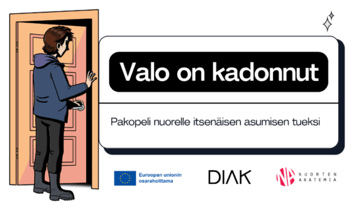 Valo kurkistaa sisään avonaisesta ovesta. Piirretty kuva.