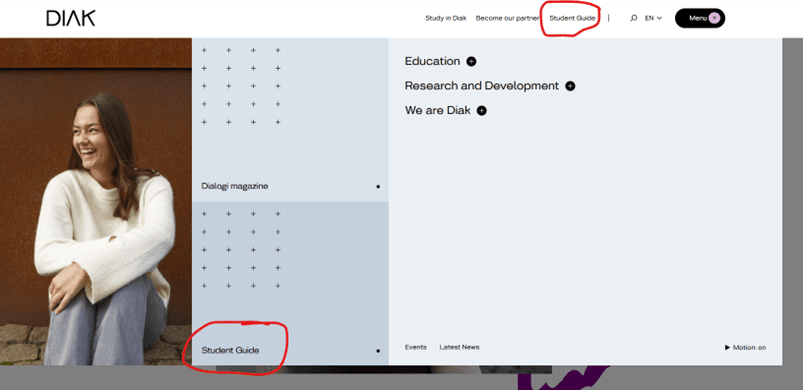 Diak frontpage menu, screenshot.