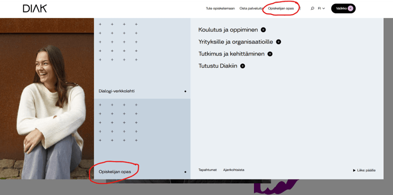 Diakin etusivun valikko, kuvakaappaus.