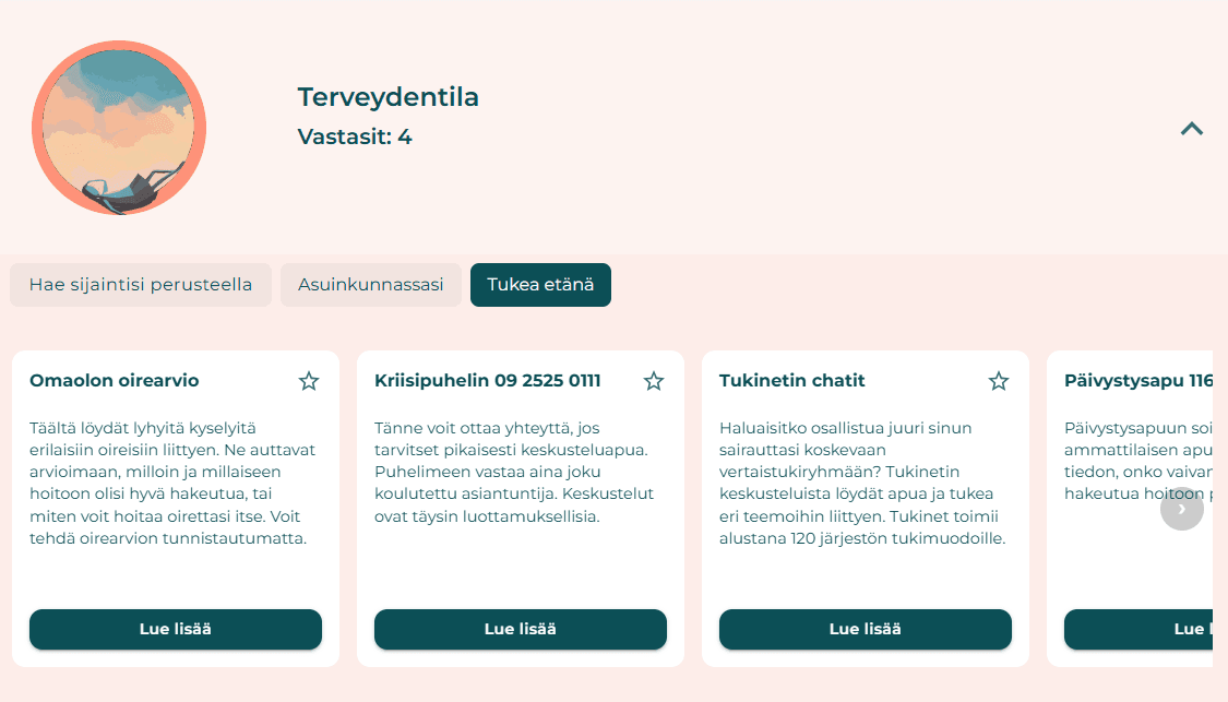 Palvelusuosituksia terveydetila-osuudesta Zekki-fi-palvelusta. Suosituksissa omaolo oirearvio, kriisipuhelin ja tukinetin chat.