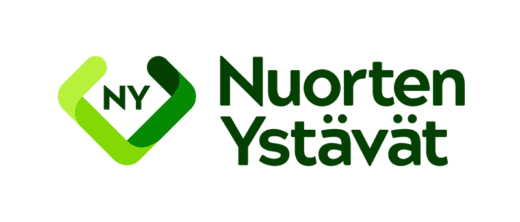 Nuorten Ystävät -järjestön logo, jossa on vihreä vinoneliömäinen nuolikuvio ja sen sisällä kirjaimet NY. Kuvion oikealla puolella lukee tummanvihreällä teksti Nuorten Ystävät.