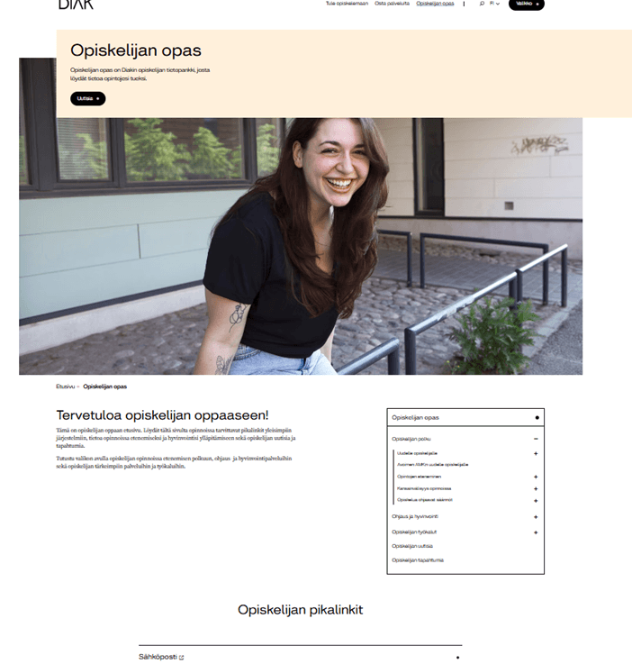Opiskelijan oppaan etusivunäkymä, kuvakaappaus.