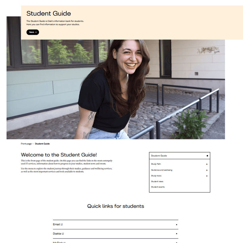 Student Guide homepage, screenshot.
